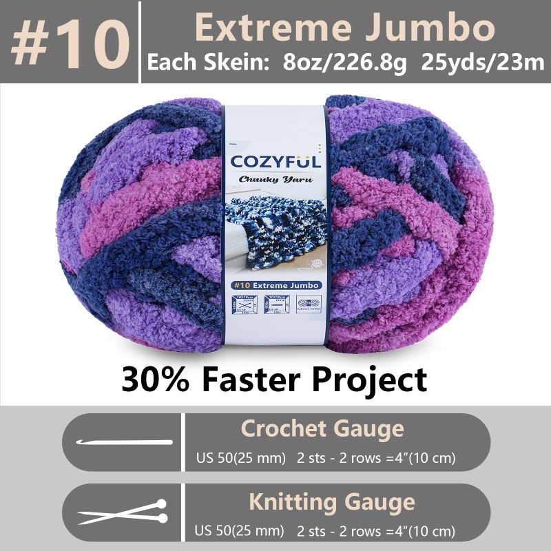 Cozyful Chunky Yarn for Hand Knitting - #10 Chunky Chenille Blanket Yarn, Jumbo Big Thick Chunky Yarns for Crocheting, Tie Dye Bulky Knit Yarns, 8 Skein (25 yds 8 oz Each Skein), Multi Purple - Image 2