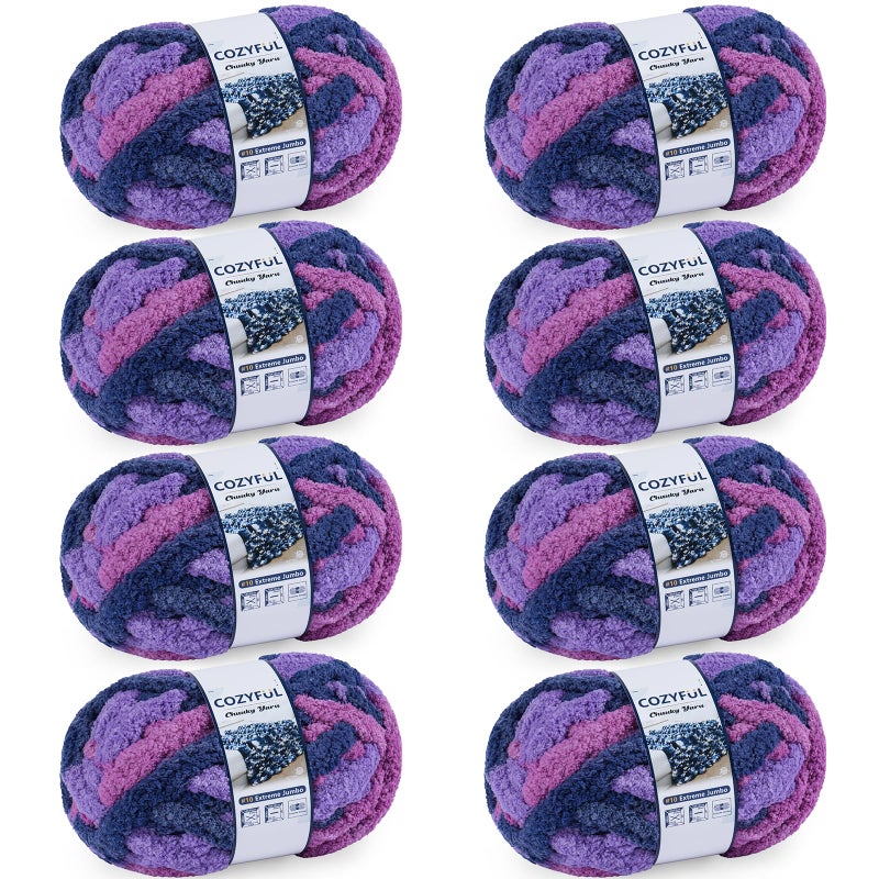 Cozyful Chunky Yarn for Hand Knitting - #10 Chunky Chenille Blanket Yarn, Jumbo Big Thick Chunky Yarns for Crocheting, Tie Dye Bulky Knit Yarns, 8 Skein (25 yds 8 oz Each Skein), Multi Purple - Image 1