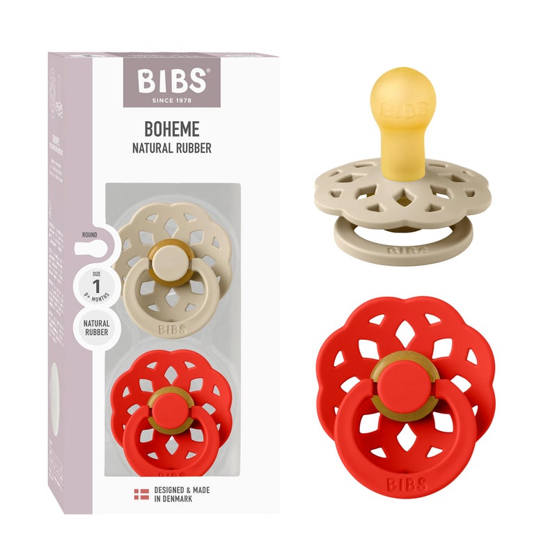 BIBS Boheme Pacifier 2-Pack. BPA Free, Round Nipple. Natural Rubber Latex, Made in Denmark, Size 1 (0-6 Months) - Vanilla/Candy Apple - Image 1