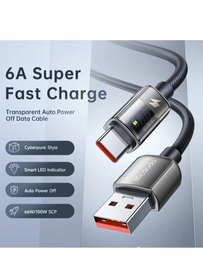 Mcdodo CA3150 6A Type-C Super Charge Transparent Data Cable – 1.2m Fast Charging & Sync Cable with Auto Power Off, Smart Battery Protection, High-Speed Data Transfer, and Durable Tangle-Free Design for Android & Type-C Devices - Image 2