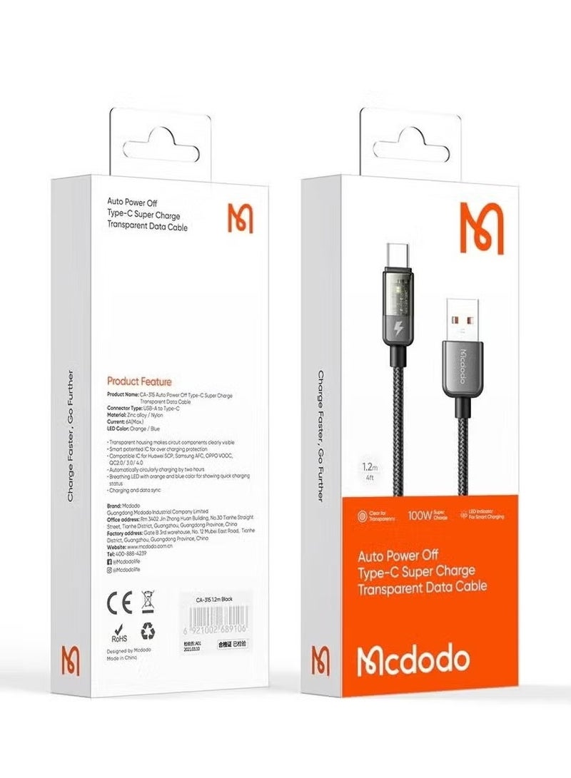 Mcdodo CA3150 6A Type-C Super Charge Transparent Data Cable – 1.2m Fast Charging & Sync Cable with Auto Power Off, Smart Battery Protection, High-Speed Data Transfer, and Durable Tangle-Free Design for Android & Type-C Devices - Image 4