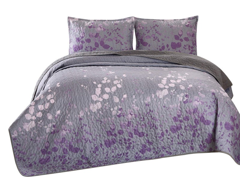 Masterplay 3Piece Fine Printed Oversize 118 inchx95 inch  Quilt SetBedspread Coverlet King Size Bed Cover Dark GreyPurple GradientVine