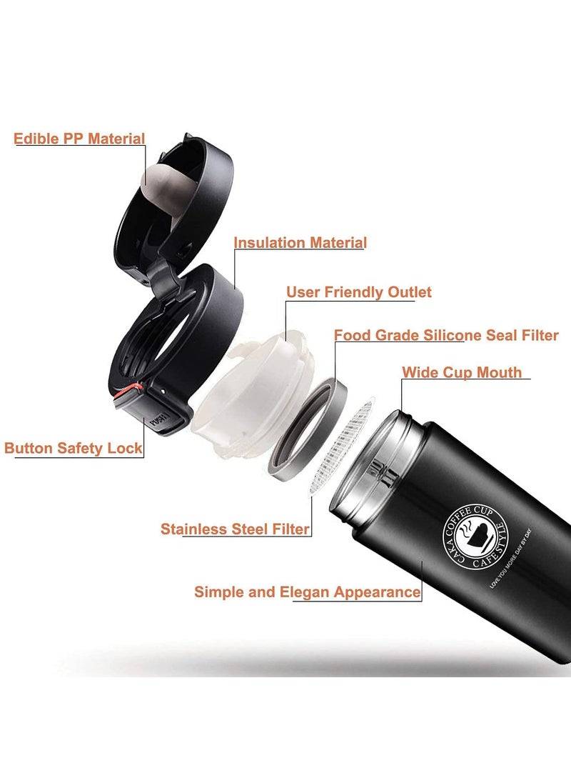 KD ZONE KD ZONE Thermos Flask with Lid Insulated Travel Tea and Coffee Mug Portable Thermal Cup Stainless Steel Vacuum Insulated Tumbler Cup for Hot Cold Drinks Black 400 ML  - Image 3