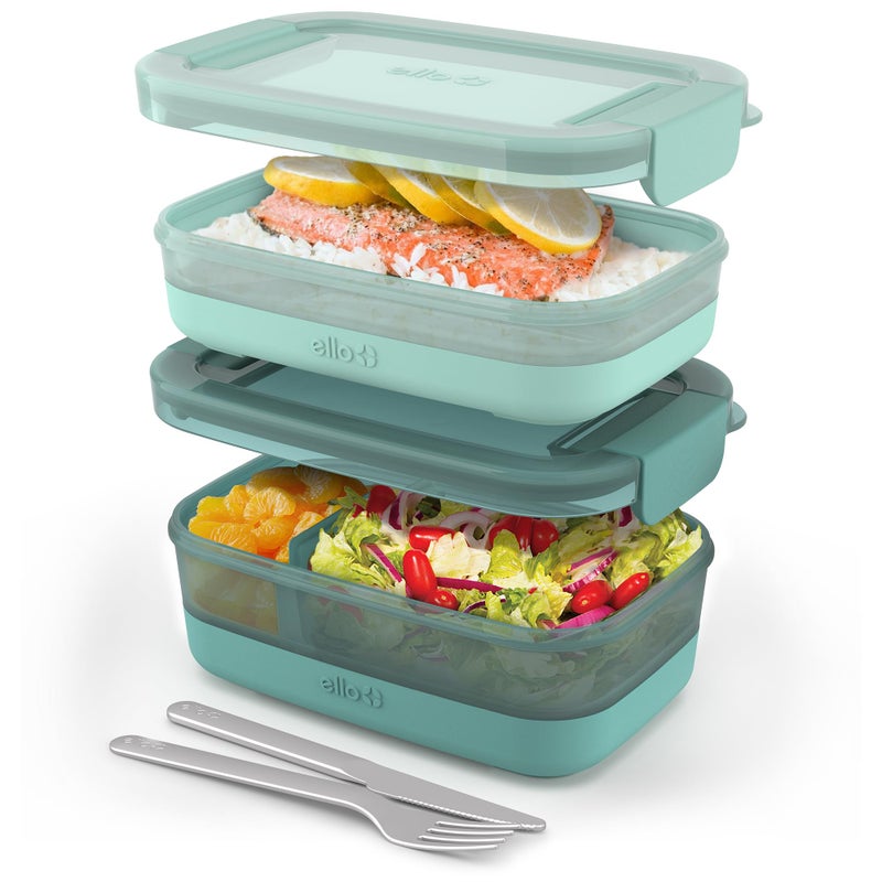 Ello 2-Pack Lunch Stack Plastic Food Storage Container Bento Box with Airtight, Leak-Proof Locking Plastic Lids and Silicone Base, BPA-Free, Freezer, Microwave, and Dishwasher Safe, Mint Chip - Image 1
