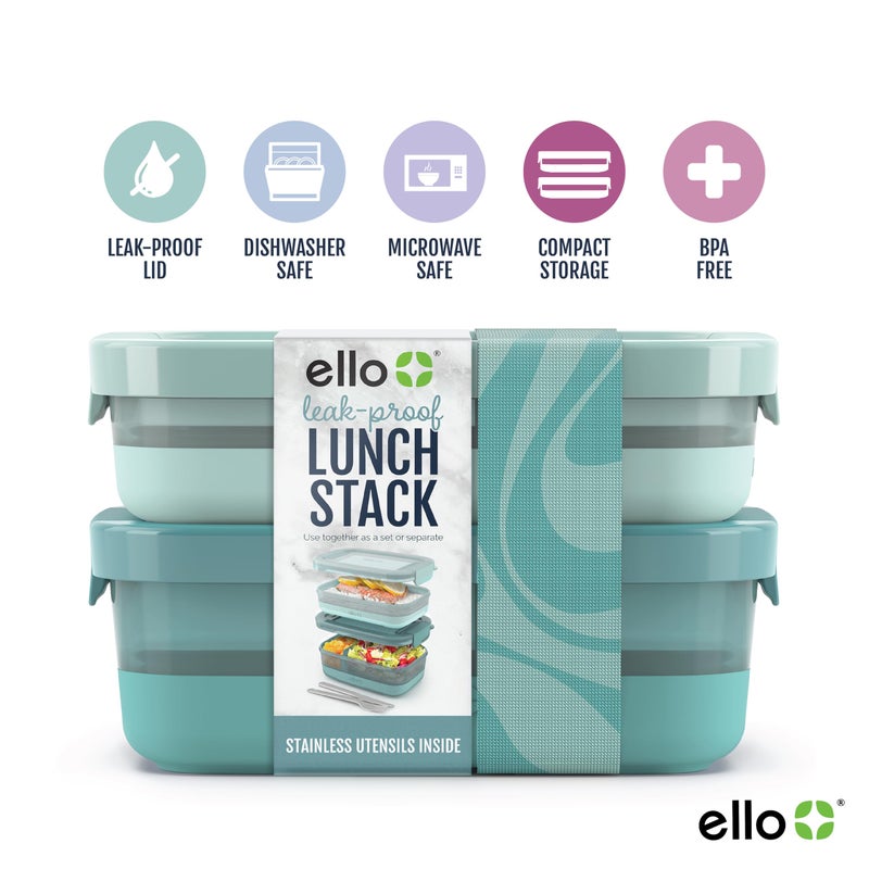 Ello 2-Pack Lunch Stack Plastic Food Storage Container Bento Box with Airtight, Leak-Proof Locking Plastic Lids and Silicone Base, BPA-Free, Freezer, Microwave, and Dishwasher Safe, Mint Chip - Image 2
