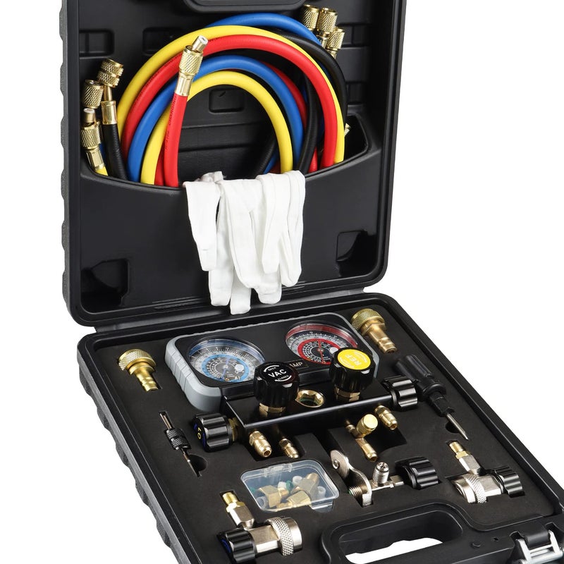 Lichamp AC R1234YF R134A Gauge Set, Automotive 4 Valve Manifold Gauge Compatible with R1234YF R134A and R404A Refrigerants, Works on Car Freon Charging and Evacuation - Image 1