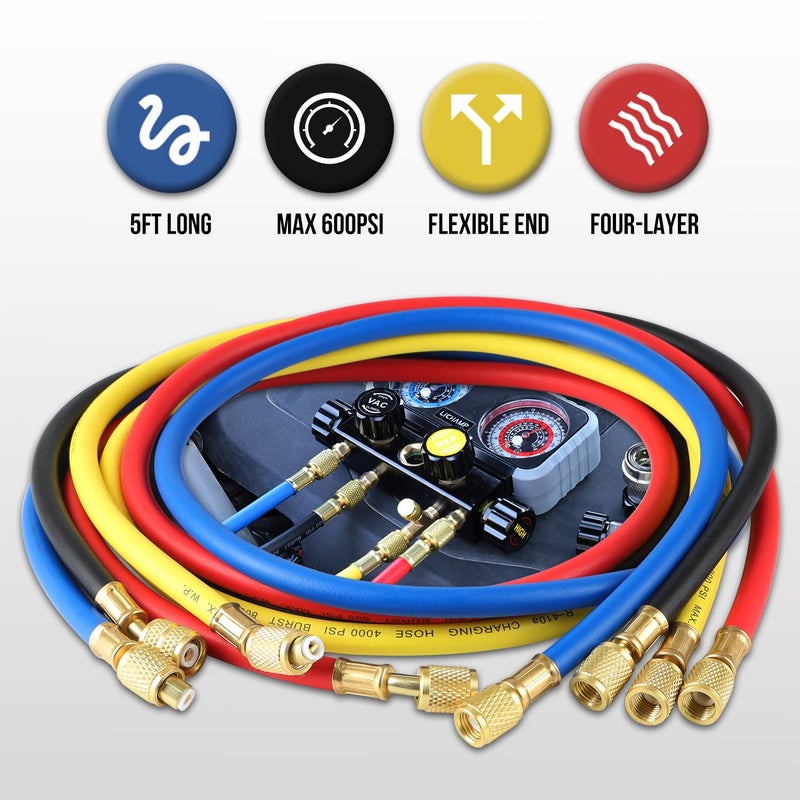 Lichamp AC R1234YF R134A Gauge Set, Automotive 4 Valve Manifold Gauge Compatible with R1234YF R134A and R404A Refrigerants, Works on Car Freon Charging and Evacuation - Image 5