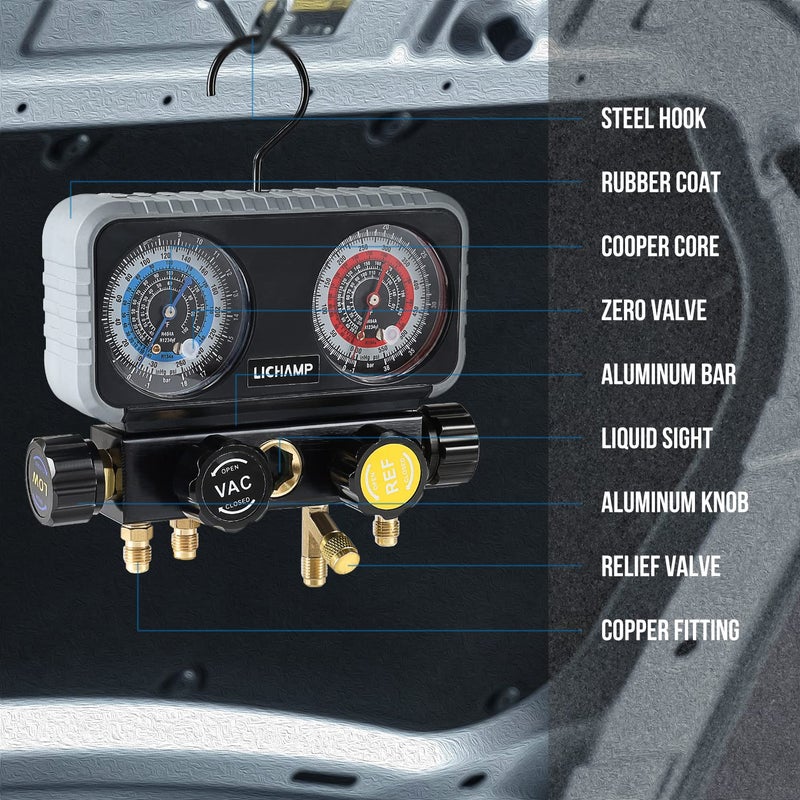 Lichamp AC R1234YF R134A Gauge Set, Automotive 4 Valve Manifold Gauge Compatible with R1234YF R134A and R404A Refrigerants, Works on Car Freon Charging and Evacuation - Image 4