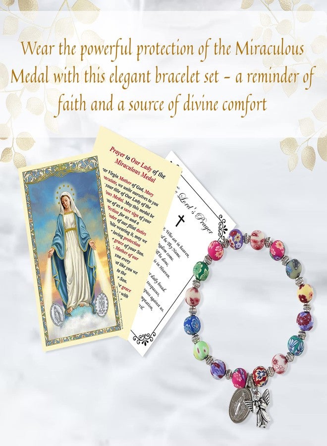 Trendzeen Miraculous Medal Bracelet with Miraculous Medal Prayer Card, The Lord's Prayer Card - Stretch Miraculous Bracelet with Guardian Angel Dangle - Miraculous Medal Bracelet For Women Set of 3 Items - Image 2