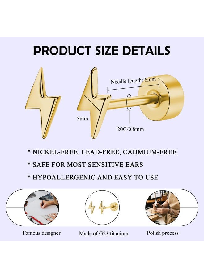ZDE Titanium Women Flatback Earrings Celestial Lightning Bolt Stud Earrings 5mm Flat Back CZ Earrings Hypoallergenic Cartilage Flatback Earring Tragus Helix Tragus Conch Piercing (Gold) - Image 2