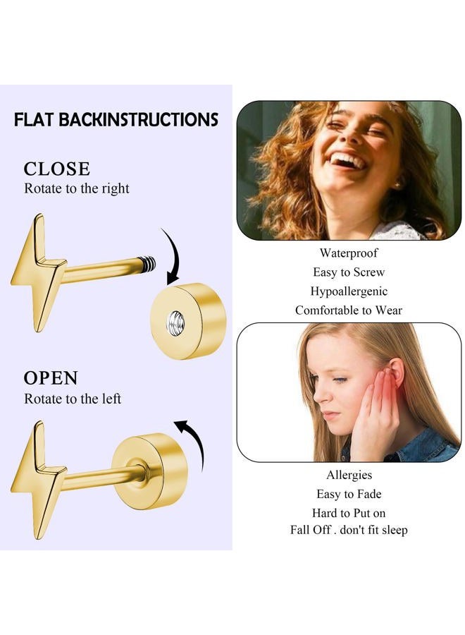 ZDE Titanium Women Flatback Earrings Celestial Lightning Bolt Stud Earrings 5mm Flat Back CZ Earrings Hypoallergenic Cartilage Flatback Earring Tragus Helix Tragus Conch Piercing (Gold) - Image 3