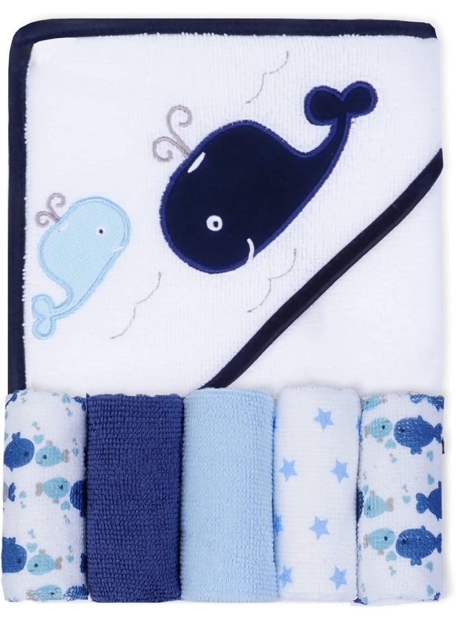 Viviland Baby Towels and Washcloths, Soft Absorbent Baby Boy Bath Towel Set, Whale Hooded Towels with 5 Infant Washcloths - Image 1