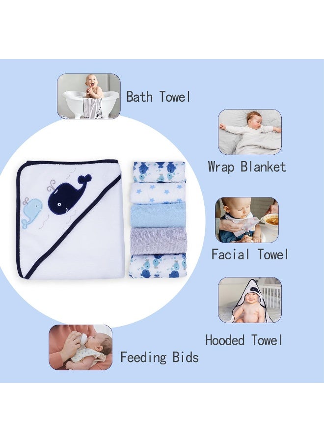 Viviland Baby Towels and Washcloths, Soft Absorbent Baby Boy Bath Towel Set, Whale Hooded Towels with 5 Infant Washcloths - Image 3