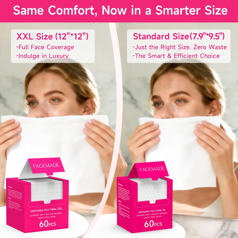FACEMADE 60 Count Disposable Face Towels, 100% USDA Biobased Face Towelettes Disposable, Clean Facial Towels for Makeup and Clean Skin, Super Soft and Thick Dry Wipes Club - Image 2