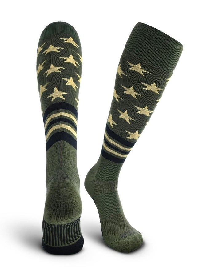 TCK Freedom Dugout USA Stars & Stripes Baseball & Softball Socks, Over the Calf - Military Green/Vegas Gold/Black, Medium - Image 1