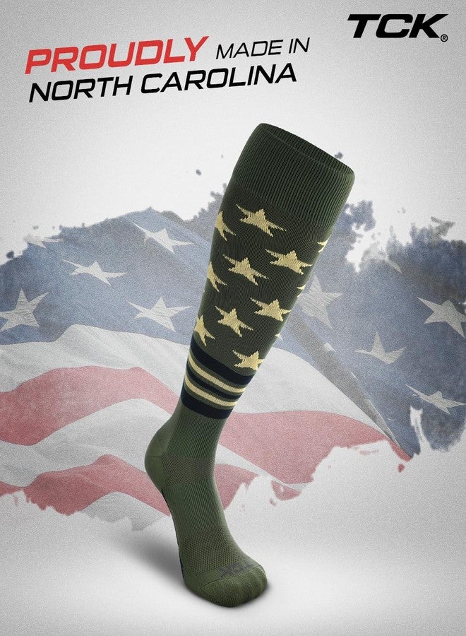 TCK Freedom Dugout USA Stars & Stripes Baseball & Softball Socks, Over the Calf - Military Green/Vegas Gold/Black, Medium - Image 3