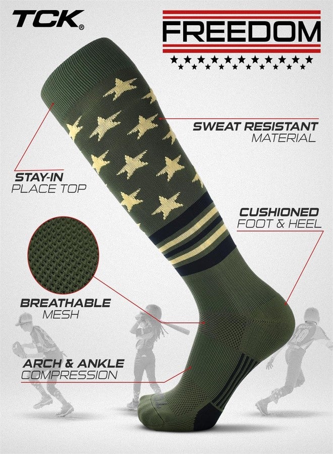 TCK Freedom Dugout USA Stars & Stripes Baseball & Softball Socks, Over the Calf - Military Green/Vegas Gold/Black, Medium - Image 2