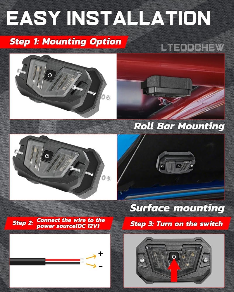 LTEODCHEW ضوء قبة V-Pro UTV، مصباح LED بقاعدة قضيب دوار 12 فولت عالمي، مقاوم للماء IP68، من الألومنيوم، مناسب لـ UTV Polaris RZR وCan Am وKawasaki Pioneer وATV وGolf Cart وSXS وCar Truck - أبيض/أحمر - Image 4