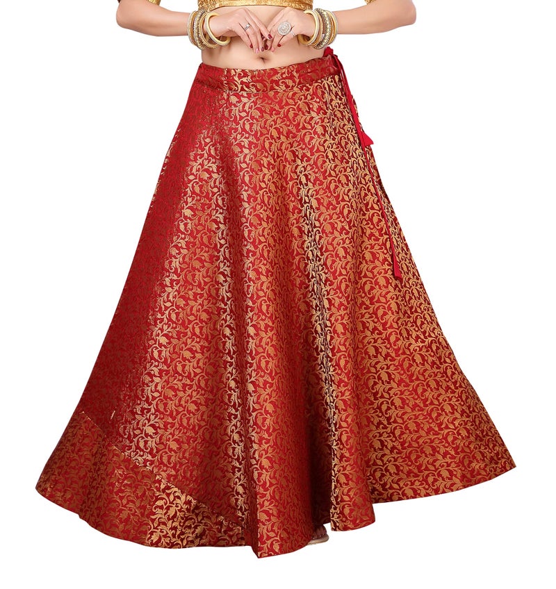 Studio Shringaar Polyester Women's Benaras Brocade Readymade Maxi Skirt Lehenga Set Ghagra(Free Size,Maroon) - Image 1