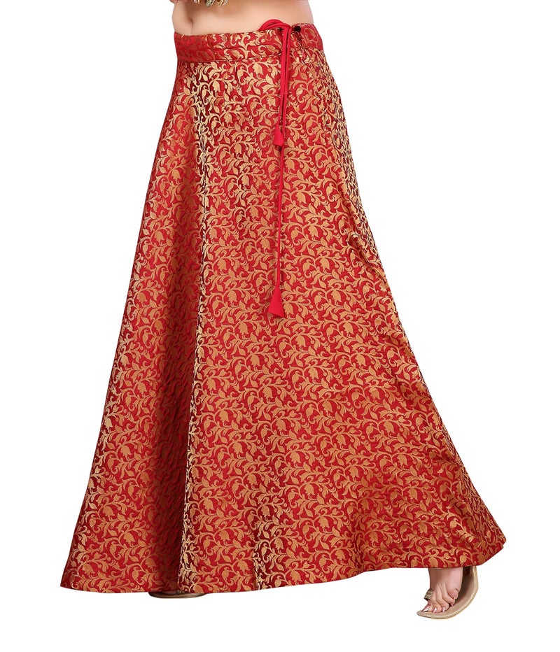 Studio Shringaar Polyester Women's Benaras Brocade Readymade Maxi Skirt Lehenga Set Ghagra(Free Size,Maroon) - Image 3