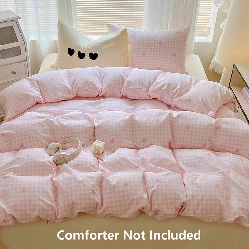 Nanko Pink Gingham Duvet Cover Queen Size, 3 pc Paid Checked Grid Heart Pattern Printed Microfiber Bedding Comforter Cover Set, All Season Soft Geometric Quilt Cover for Girl Bed Decor 90x90 inch - Image 2