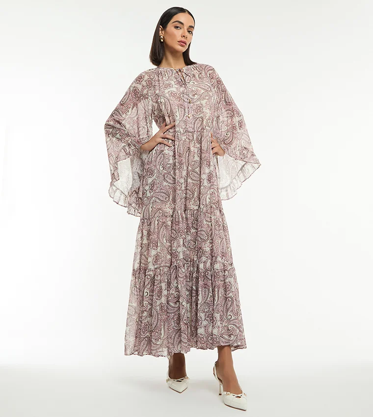 بي سي بي جي BCBG PRINTED JAQUARD SATIN TIERED LONG SLEEVE MAXI DRESS