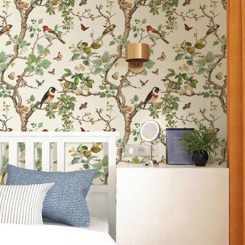 Nukofal Vintage Bird Peel and Stick Wallpaper Floral Birds Contact Paper 16.9inch x 118.1inch Butterflies Leaf Wallpaper Peel and Stick Self Adhesive Removable Wall Paper for Bathroom Wall Decor - Image 4