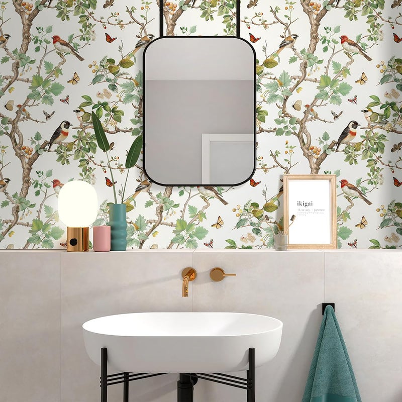 Nukofal Vintage Bird Peel and Stick Wallpaper Floral Birds Contact Paper 16.9inch x 118.1inch Butterflies Leaf Wallpaper Peel and Stick Self Adhesive Removable Wall Paper for Bathroom Wall Decor - Image 2