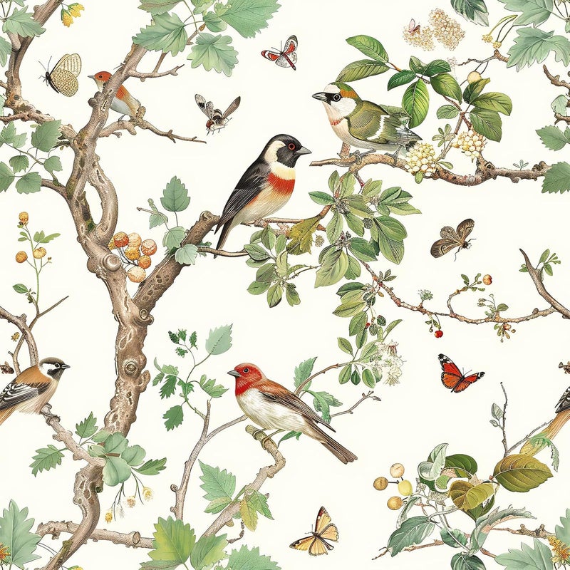 Nukofal Vintage Bird Peel and Stick Wallpaper Floral Birds Contact Paper 16.9inch x 118.1inch Butterflies Leaf Wallpaper Peel and Stick Self Adhesive Removable Wall Paper for Bathroom Wall Decor - Image 1