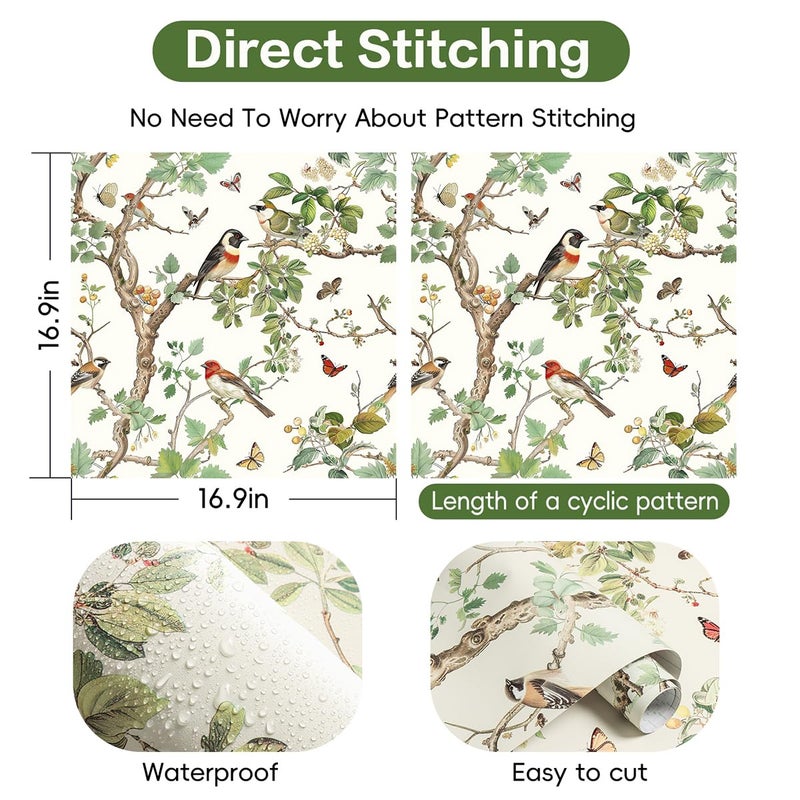 Nukofal Vintage Bird Peel and Stick Wallpaper Floral Birds Contact Paper 16.9inch x 118.1inch Butterflies Leaf Wallpaper Peel and Stick Self Adhesive Removable Wall Paper for Bathroom Wall Decor - Image 5