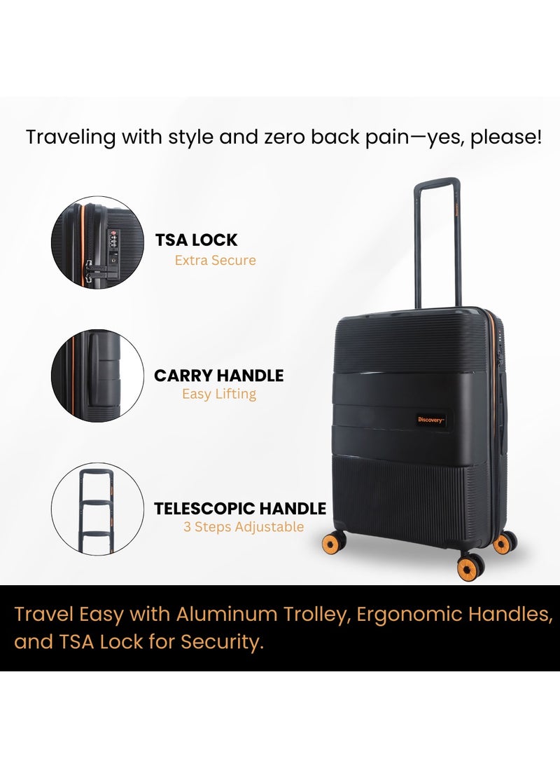 Discovery - Discovery Trails Check-In Large PP Hardside Luggage Black, Durable Expandable Unbreakable Double Zip Lightweight Travel Bag 4 Double Wheel TSA Lock 30 Inch Suitcase Trolley Bag. - Image 1