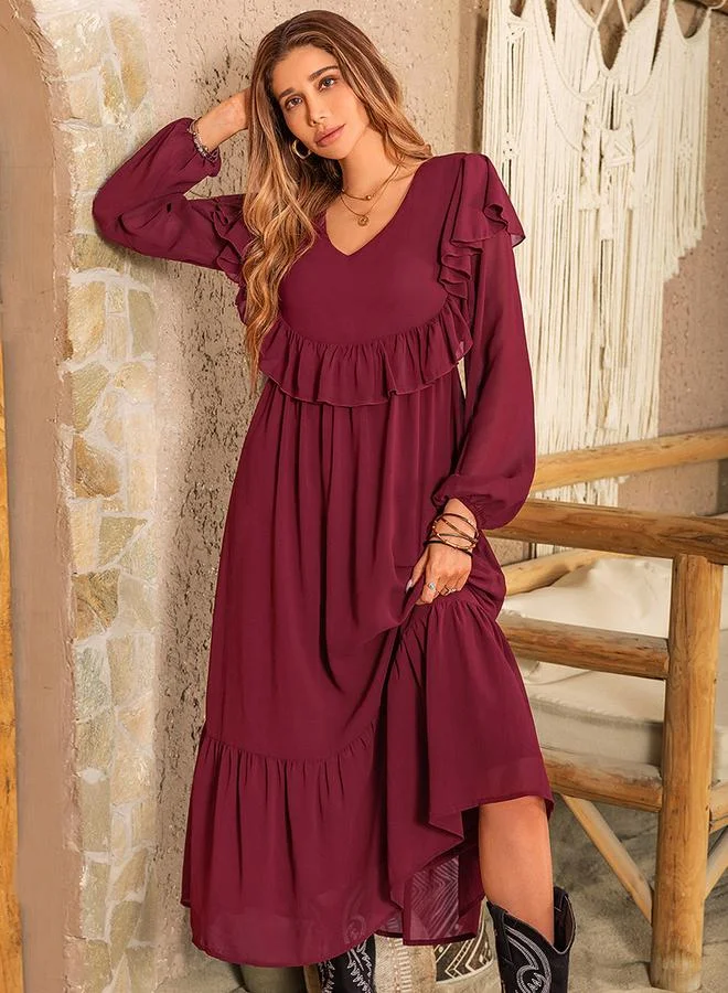 تايك تو Women's Solid V Neck Long Sleeve Ruffle Detail Midi Dress