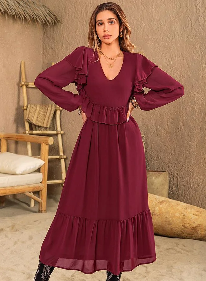 تايك تو Women's Solid V Neck Long Sleeve Ruffle Detail Midi Dress