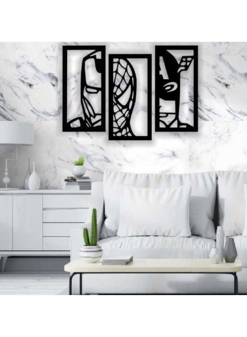 MIRFA Wooden Wall Art With Self Adhesive Base - Black (Marvel Heroes - Spiderman, Batman, Ironman - 3 Frames)  - Image 2
