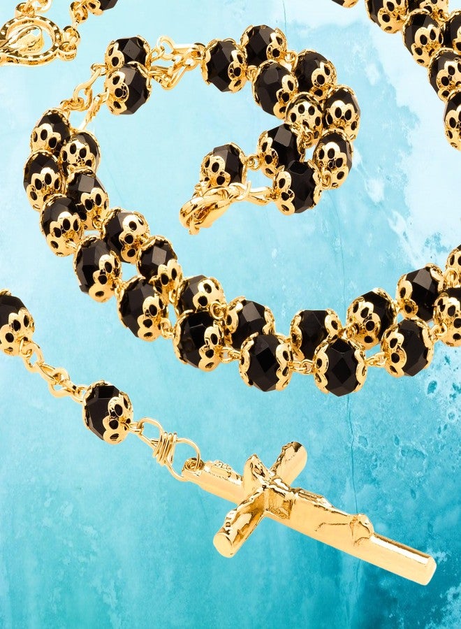 LIFETIME JEWELRY Gold Rosary Crucifix Necklace with Black Crystal Prayer Beads 24K Real Gold Plated - Image 4