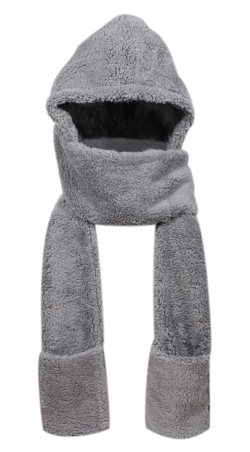 Bioterti Super Soft Fleece Womenâ€™s Hooded Scarf & Hat W/Glove Pockets By Bioterti (Gray) - Image 1