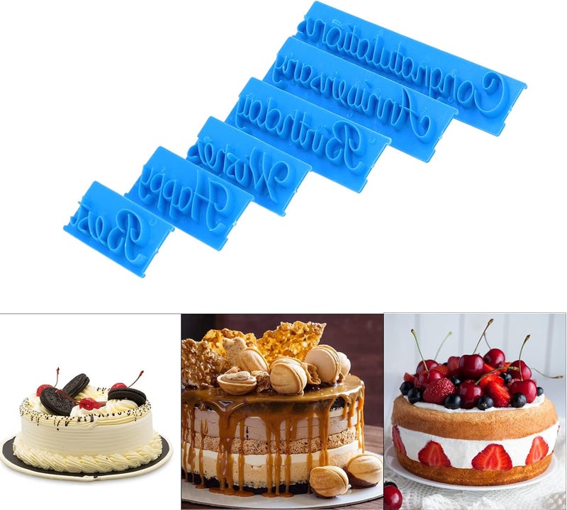 قوالب كعك الكلمات، قوالب كعك قابلة لإعادة الاستخدام 6 قطع مع تصميم نقش العبارات المكتوبة بخط اليد باللون الأزرق لصنع الخبز والكعك والبسكويت DIY - Image 4