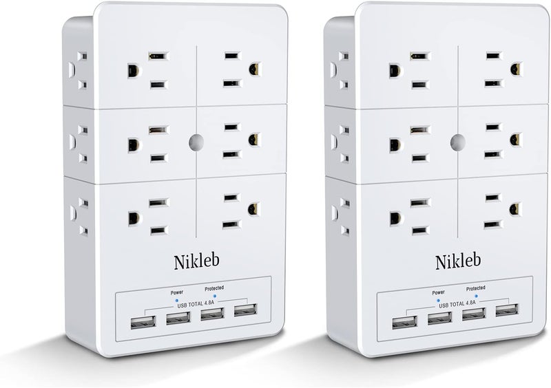 Nikleb Surge Protector 2-Pack, Multi Outlet Plug with 4 USB, Wall Charger Box Multiports Total 4.8A, Electrical Outlet Splitter, Plugs for Outlets Wall Mount, USB Power Adapter Low Profile - Image 1