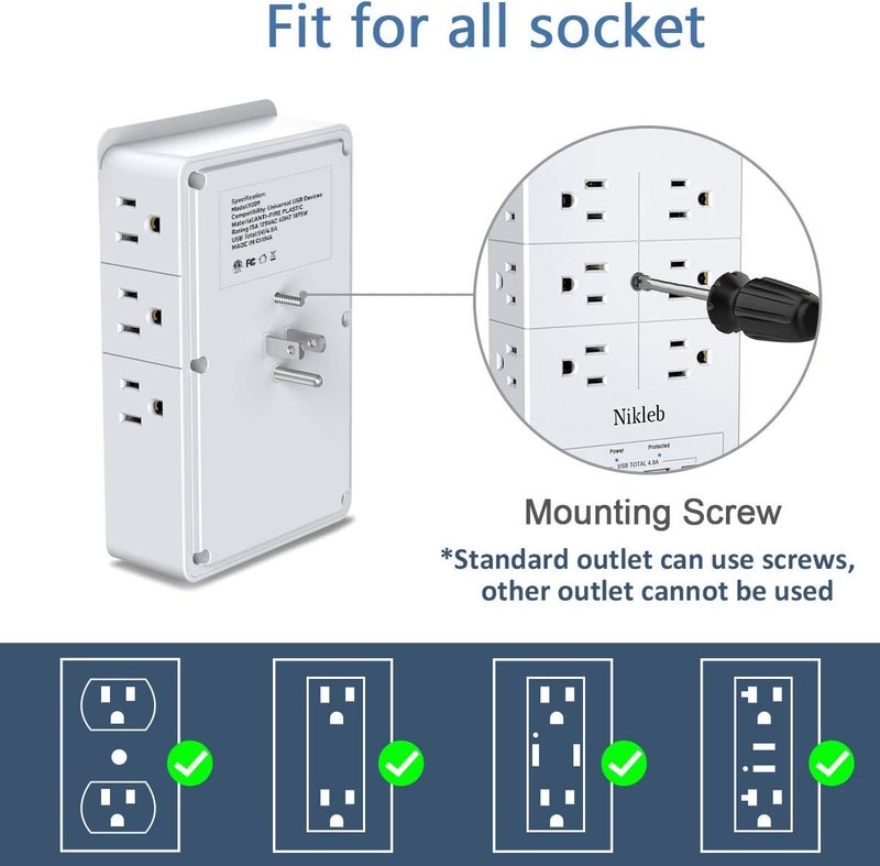 Nikleb Surge Protector 2-Pack, Multi Outlet Plug with 4 USB, Wall Charger Box Multiports Total 4.8A, Electrical Outlet Splitter, Plugs for Outlets Wall Mount, USB Power Adapter Low Profile - Image 4
