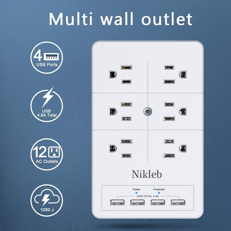 Nikleb Surge Protector 2-Pack, Multi Outlet Plug with 4 USB, Wall Charger Box Multiports Total 4.8A, Electrical Outlet Splitter, Plugs for Outlets Wall Mount, USB Power Adapter Low Profile - Image 2