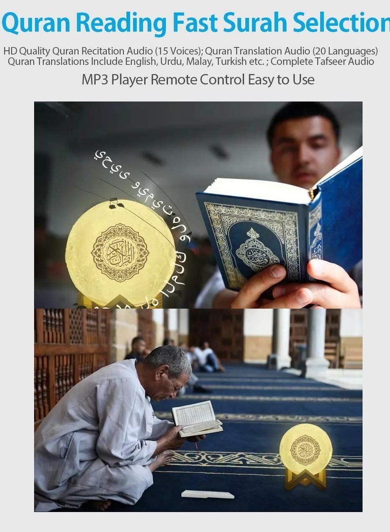 Portable Bluetooth Speaker, 4 in 1 Quran Speaker with 16 Colors 3D Print Moon Lamp Night Light, Quran Recitations and Song FM Broadcast  - Image 3