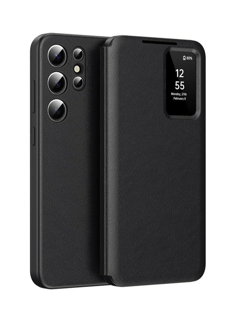 عام حافظة فلاب لجهاز Galaxy S25 Ultra 2025 - غطاء ذكي بنافذة مقاوم للصدمات من الجلد مع فتحة لبطاقات - Image 1