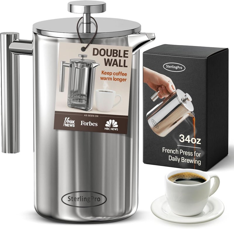 SterlingPro Stainless Steel French Press Coffee Maker Large 1 L(34 oz) Mirror – Durable Double Walled Insulated Coffee Press Keeps Drinks Hot, Easy to Use and Clean Stylish Design for Rich Flavor - Image 1
