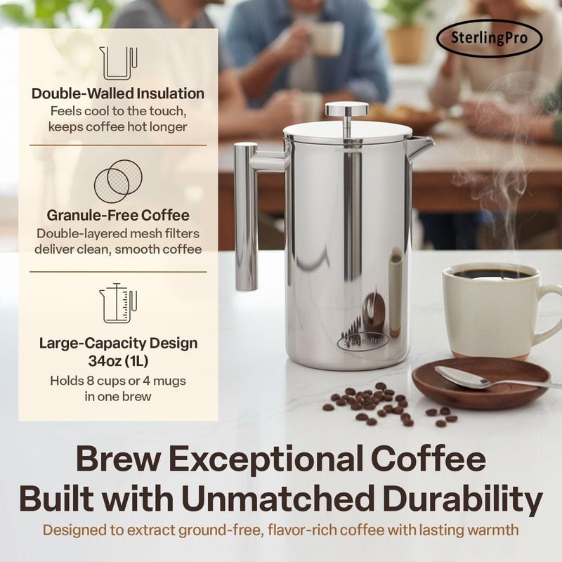 SterlingPro Stainless Steel French Press Coffee Maker Large 1 L(34 oz) Mirror – Durable Double Walled Insulated Coffee Press Keeps Drinks Hot, Easy to Use and Clean Stylish Design for Rich Flavor - Image 2