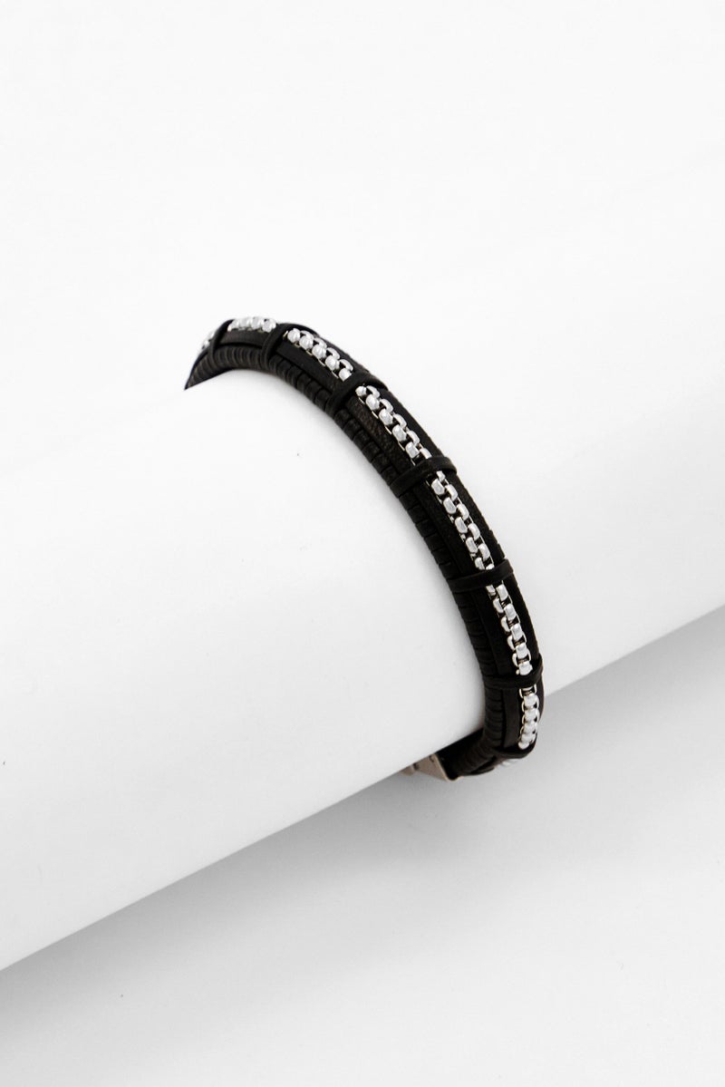 Steeltime Men Braided Leather Inlay Box Chain Bracelet, Black - Image 1
