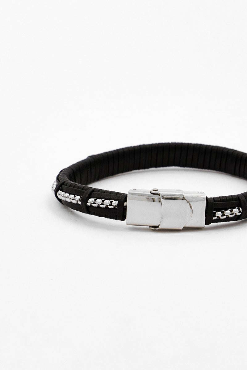 Steeltime Men Braided Leather Inlay Box Chain Bracelet, Black - Image 2