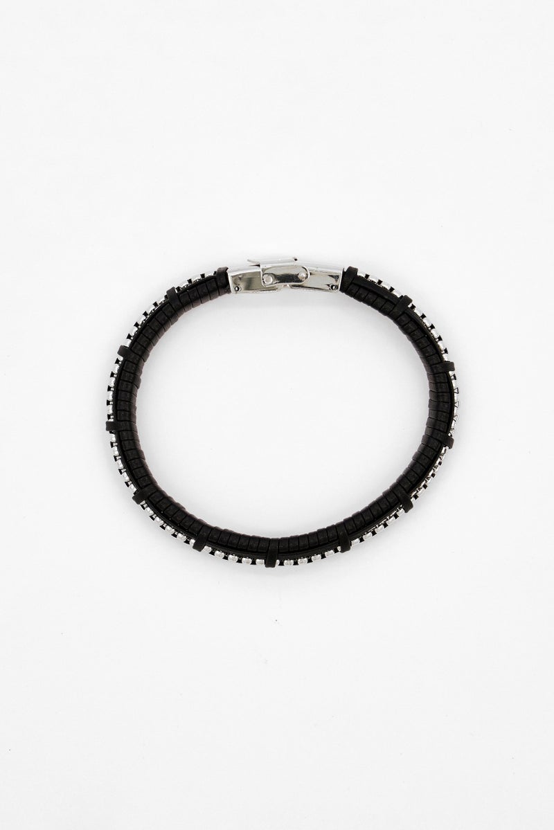 Steeltime Men Braided Leather Inlay Box Chain Bracelet, Black - Image 4