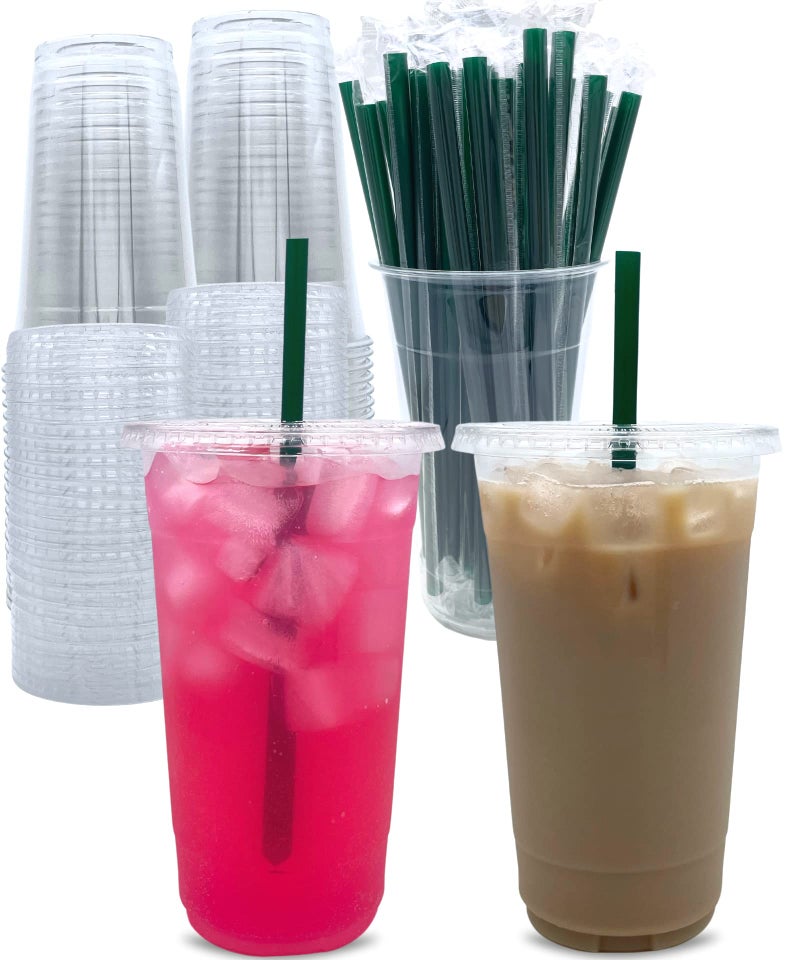 Aatriet 100 Sets 32 oz Clear Plastic Cups with Lids and STRAWS Disposable Party Cups for To Go Iced Coffee Cold Drinks Smoothie Juice Parfait Frappuccino Milkshake No Leaking Fruit Cup