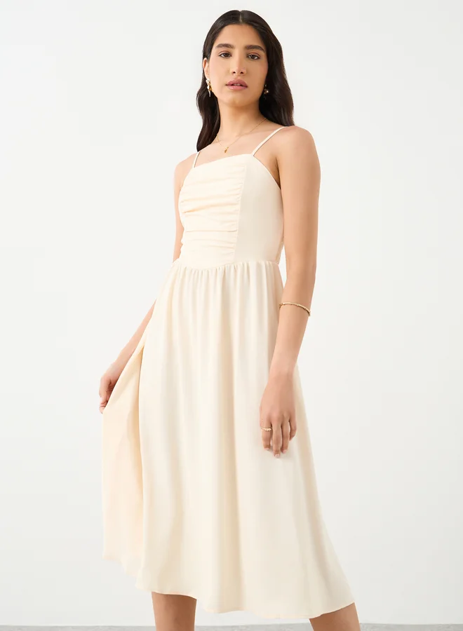 Take Two Take Two Solid Gathered Front Strappy Midi Dress