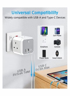 Generic Multi Plug Adapter with USB, Cube Extension Plug with 4 AC Outlets 2 USB and 1 Type-C Slots, UK Wall Socket, 13A Multi Plug Extension Socket Power Adapter for Home Office Kitchen, White  - Image 3